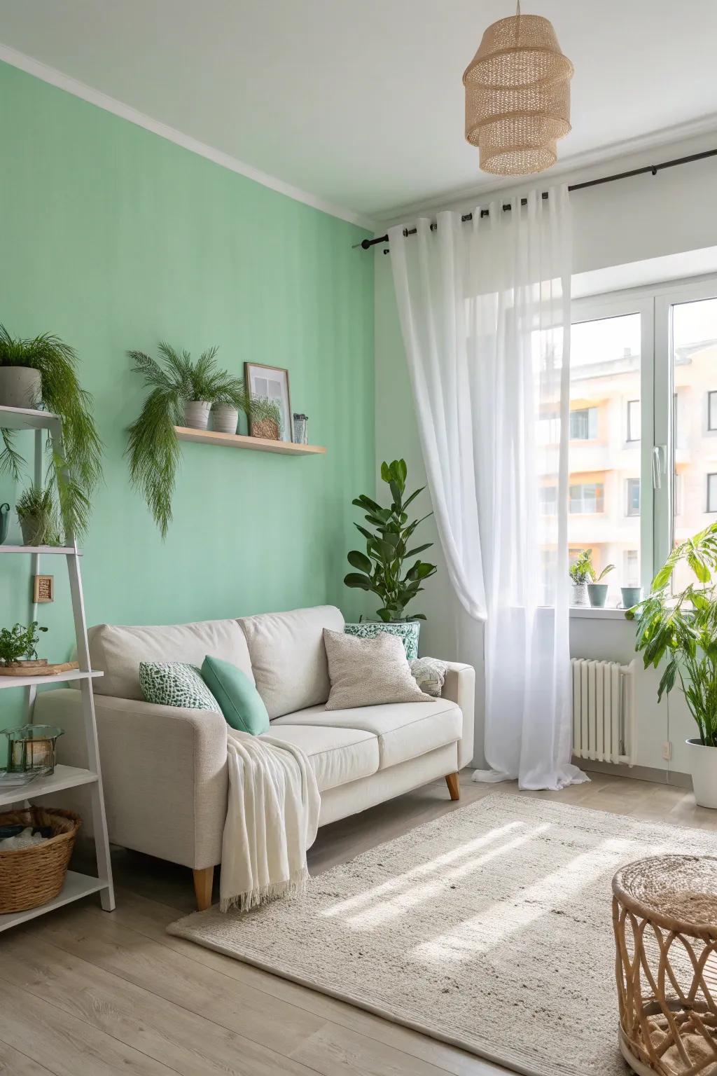 Walls in mint green offer a refreshing and invigorating feel to this open living space.
