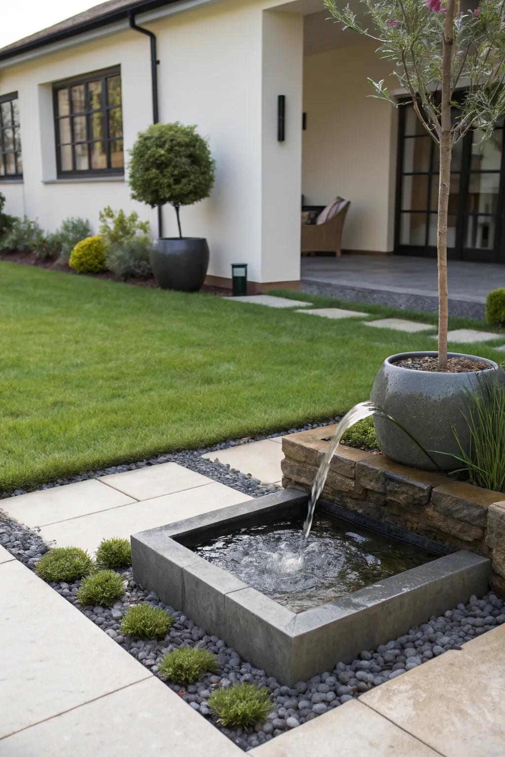 A minimalist water feature lending tranquility to a modern front yard.
