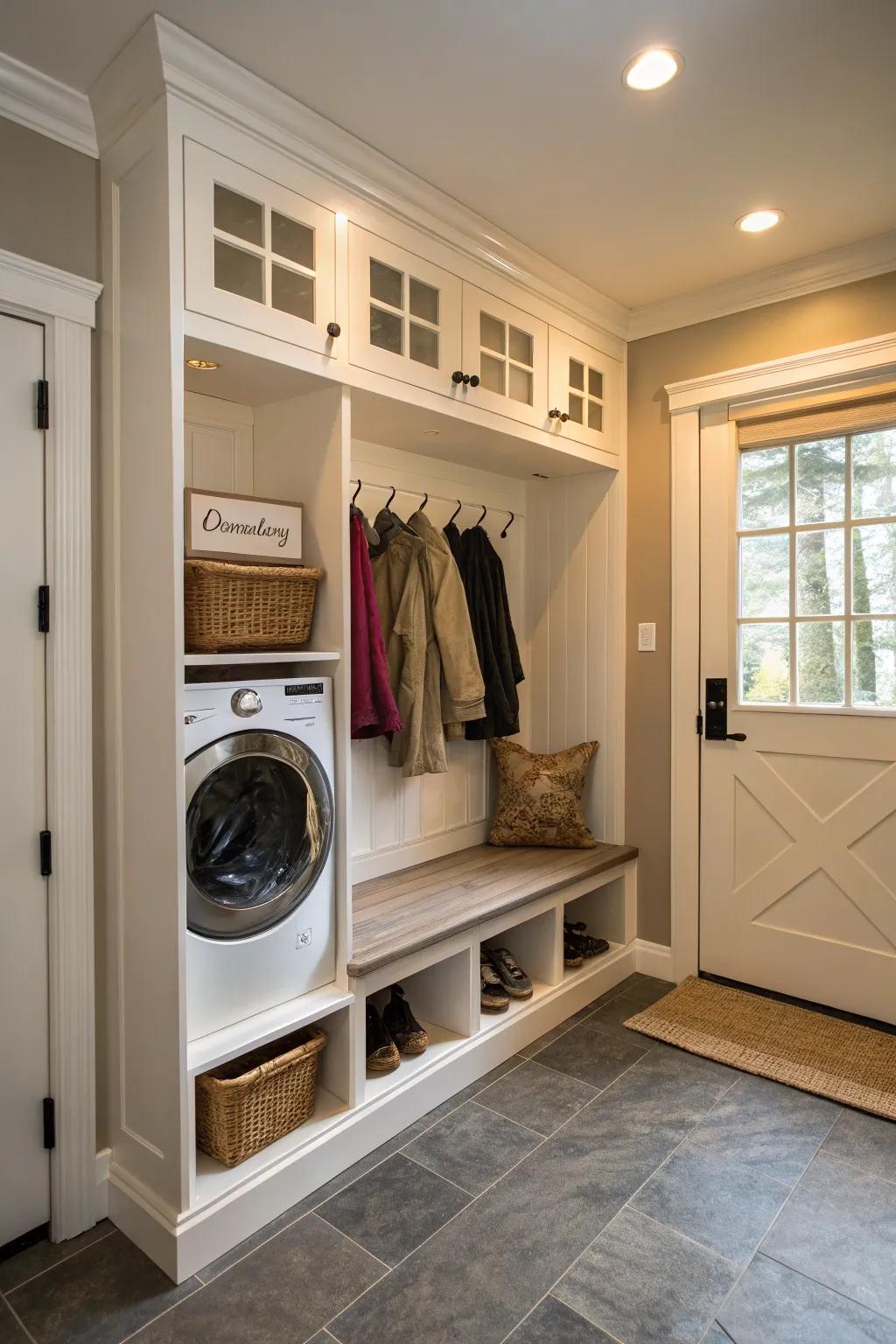 A concealed laundry corner optimizes functionality within the mudroom.