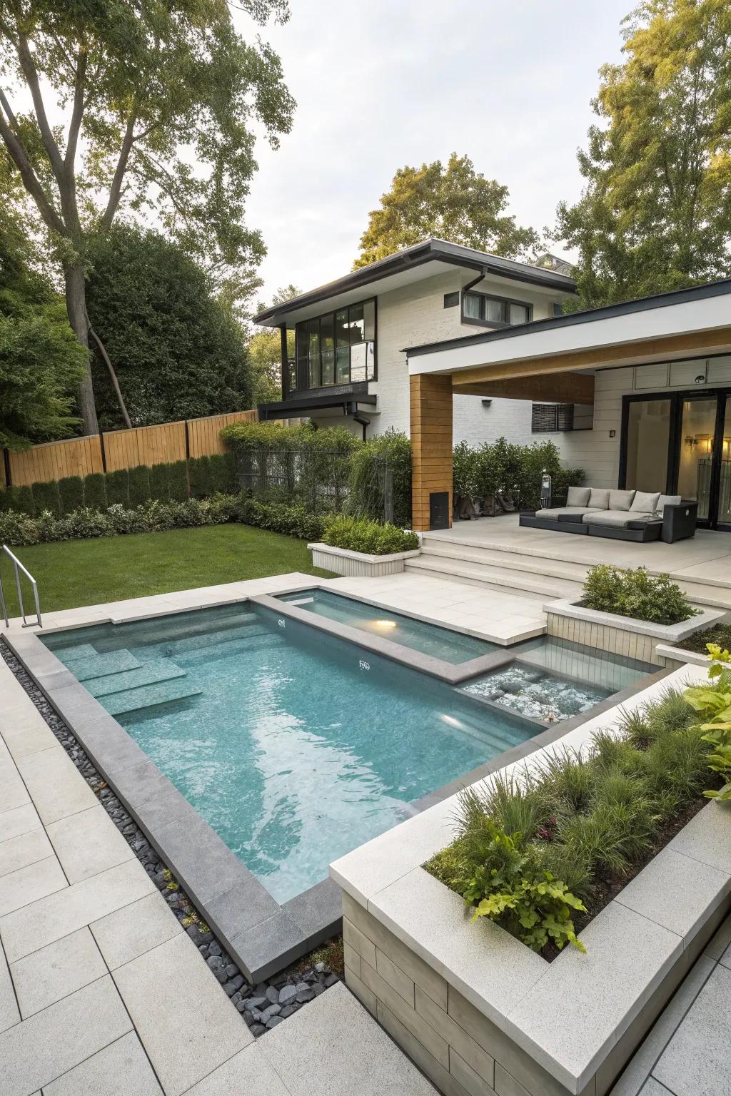 A detached spa extends a discrete relaxation zone.