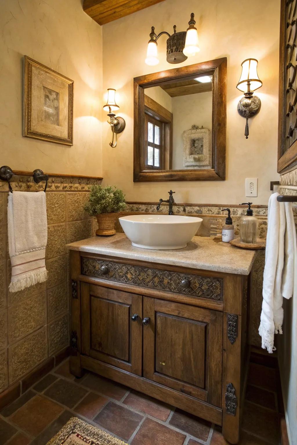 Heritage hardware conveys enduring sophistication to a modern rustic bathroom.