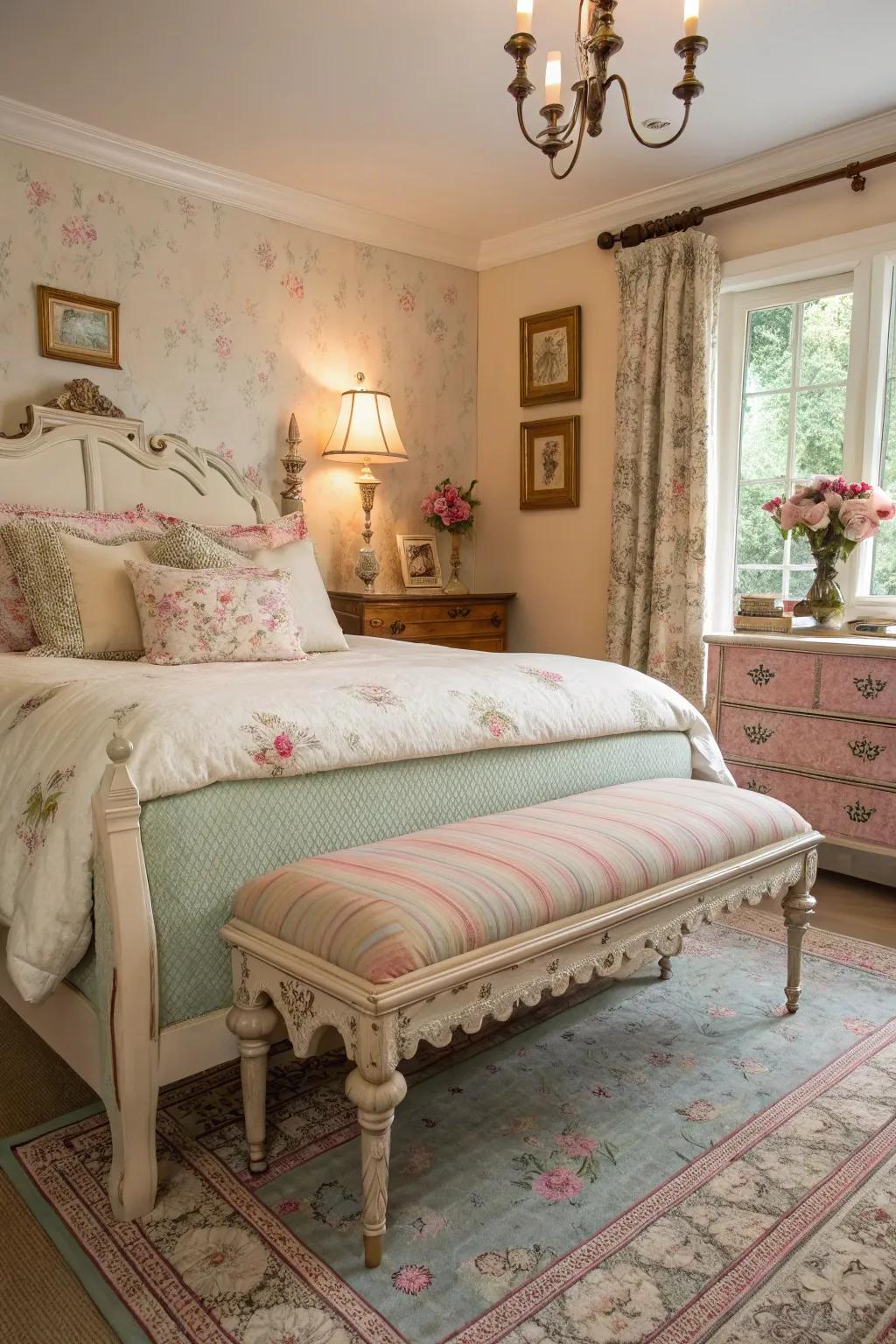A heritage bench contributes style and practicality to this shabby chic bedroom.
