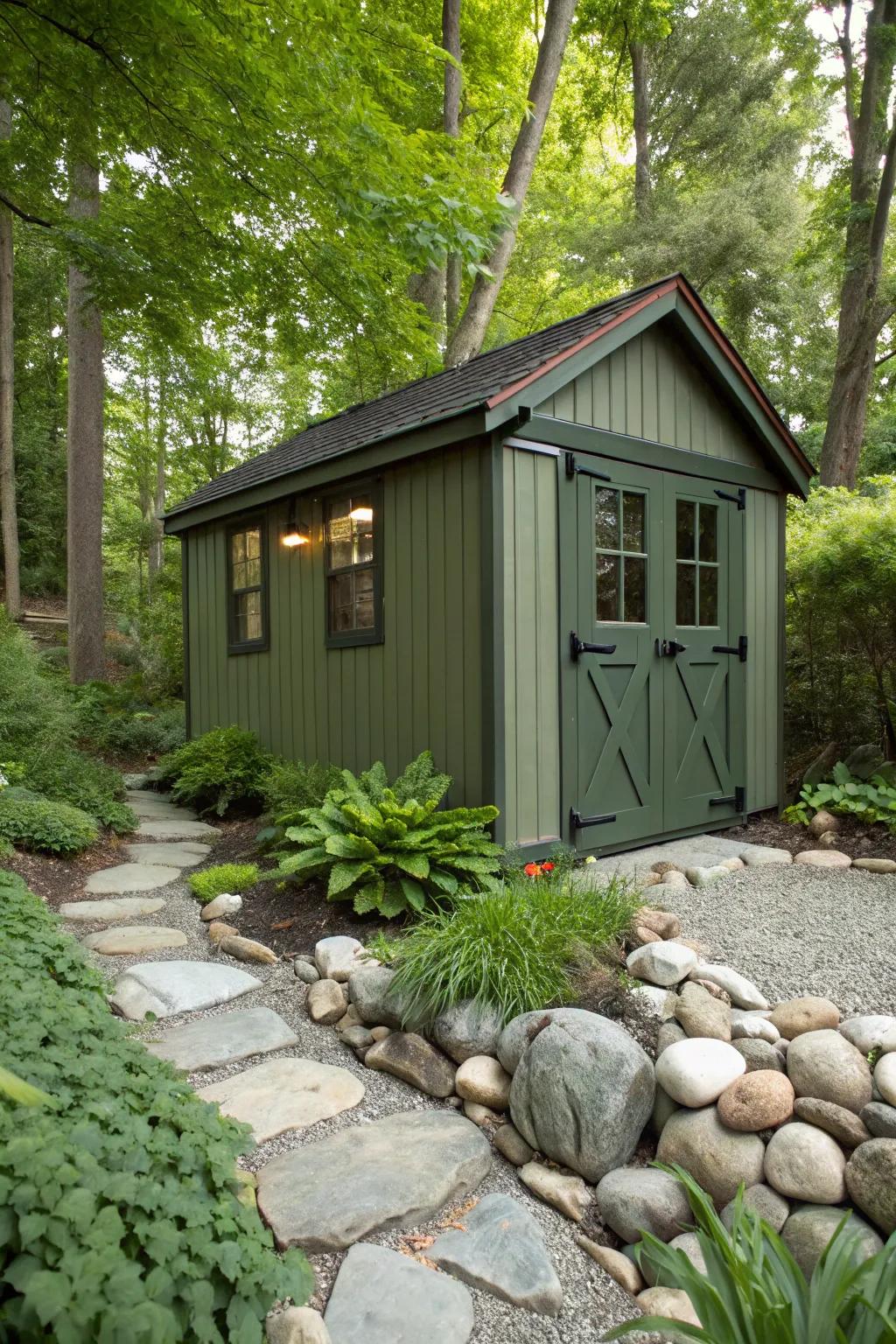 An greenish shed that exudes understated refinement.