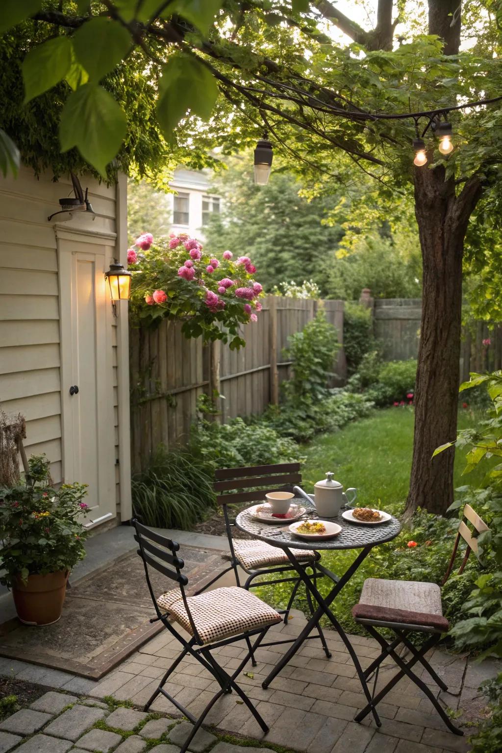 A dining alcove renders outdoor meals enjoyable.