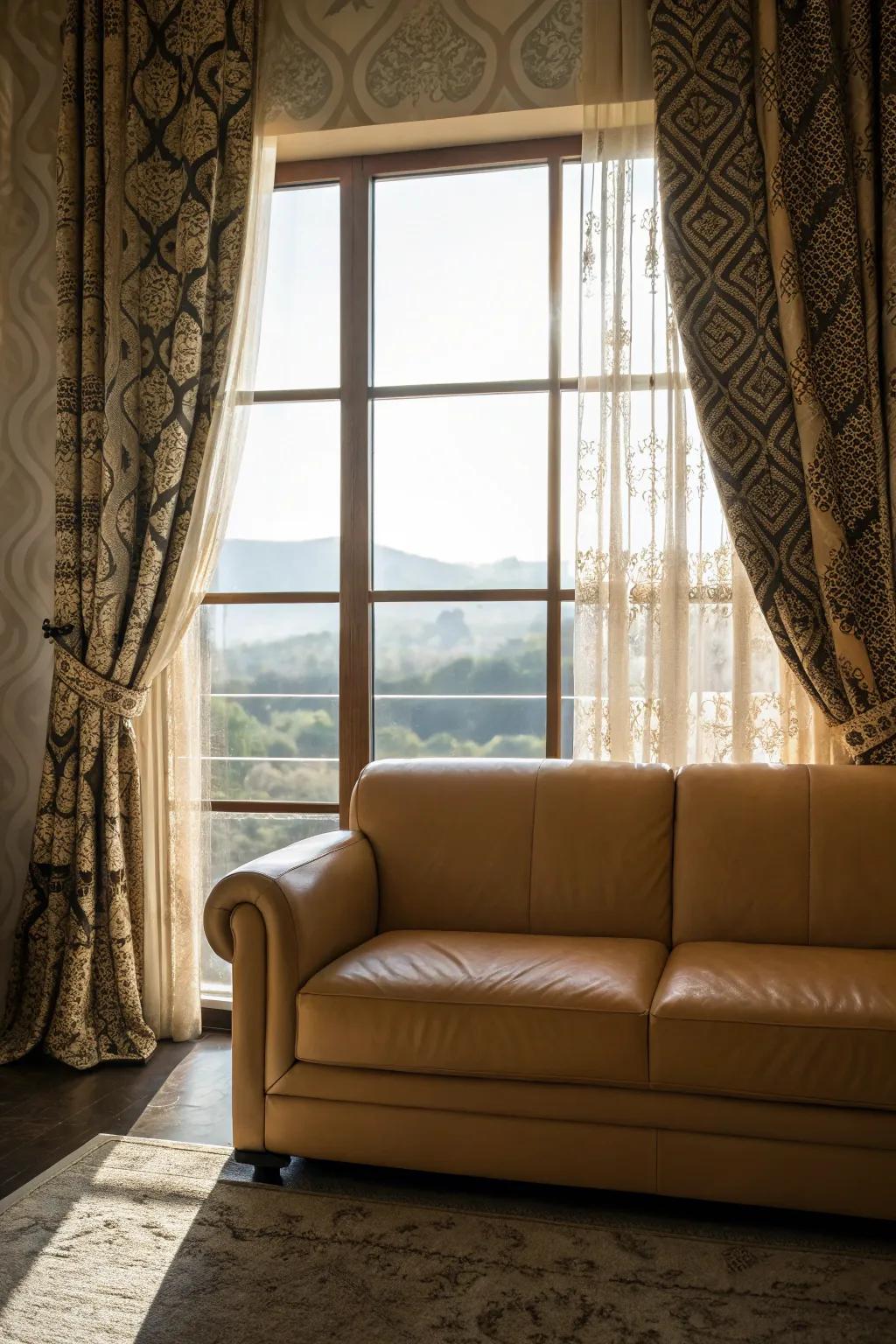Motif-laden window coverings infuse character into a lounge featuring a tawny hide couch.