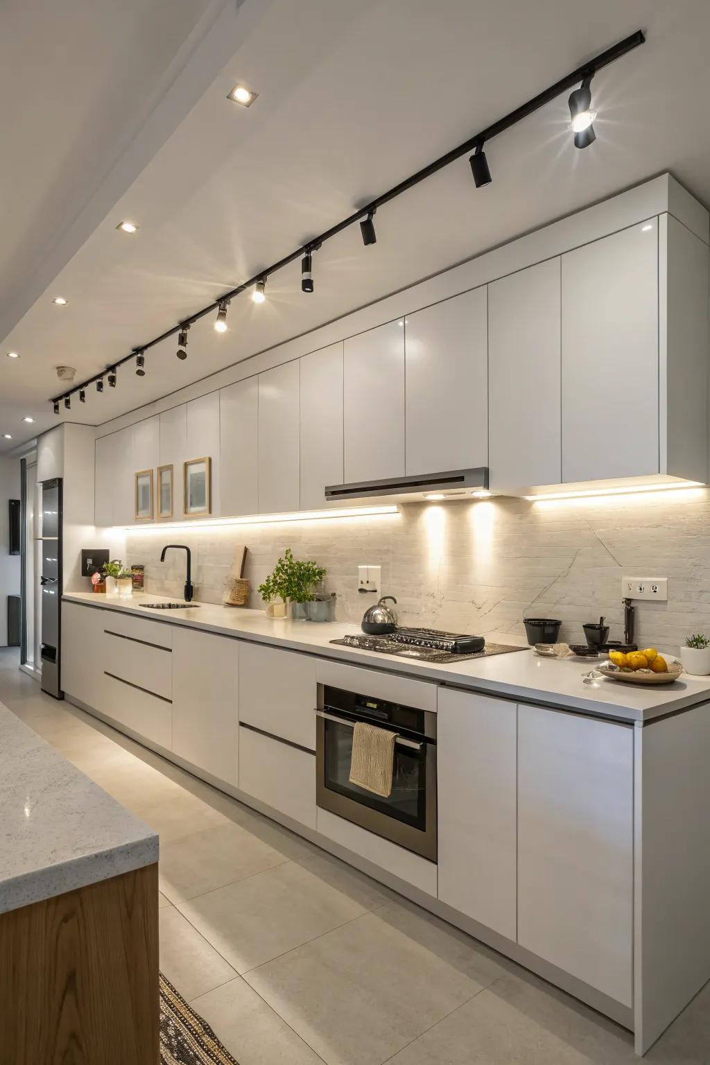 Elegant kitchen featuring surprising under-cabinet rail illumination.