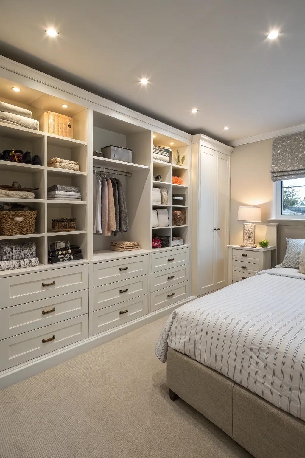 Integrated storage maximizes area and integrates architectural intrigue.