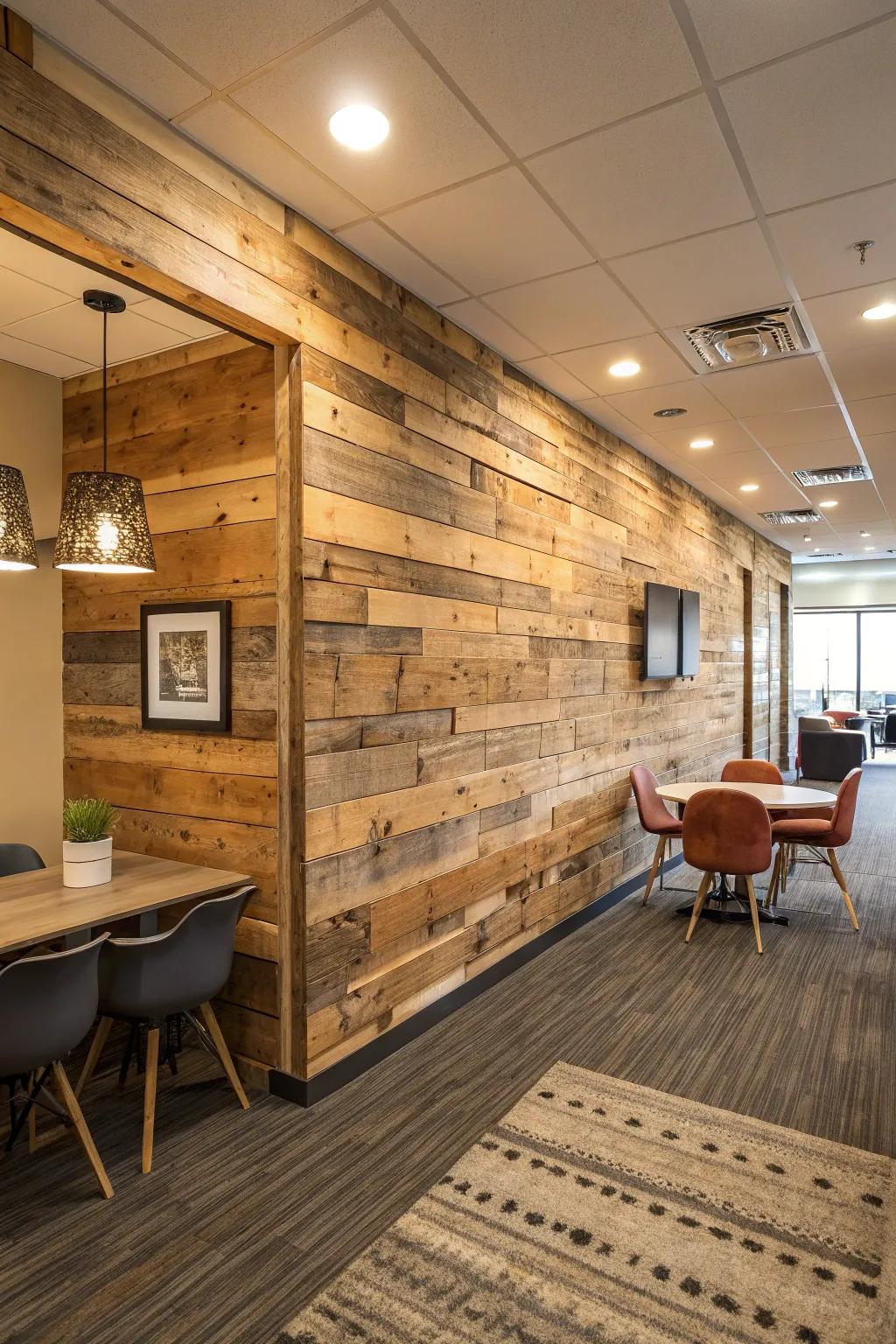 Reclaimed panels bringing comfort to a modern office space.
