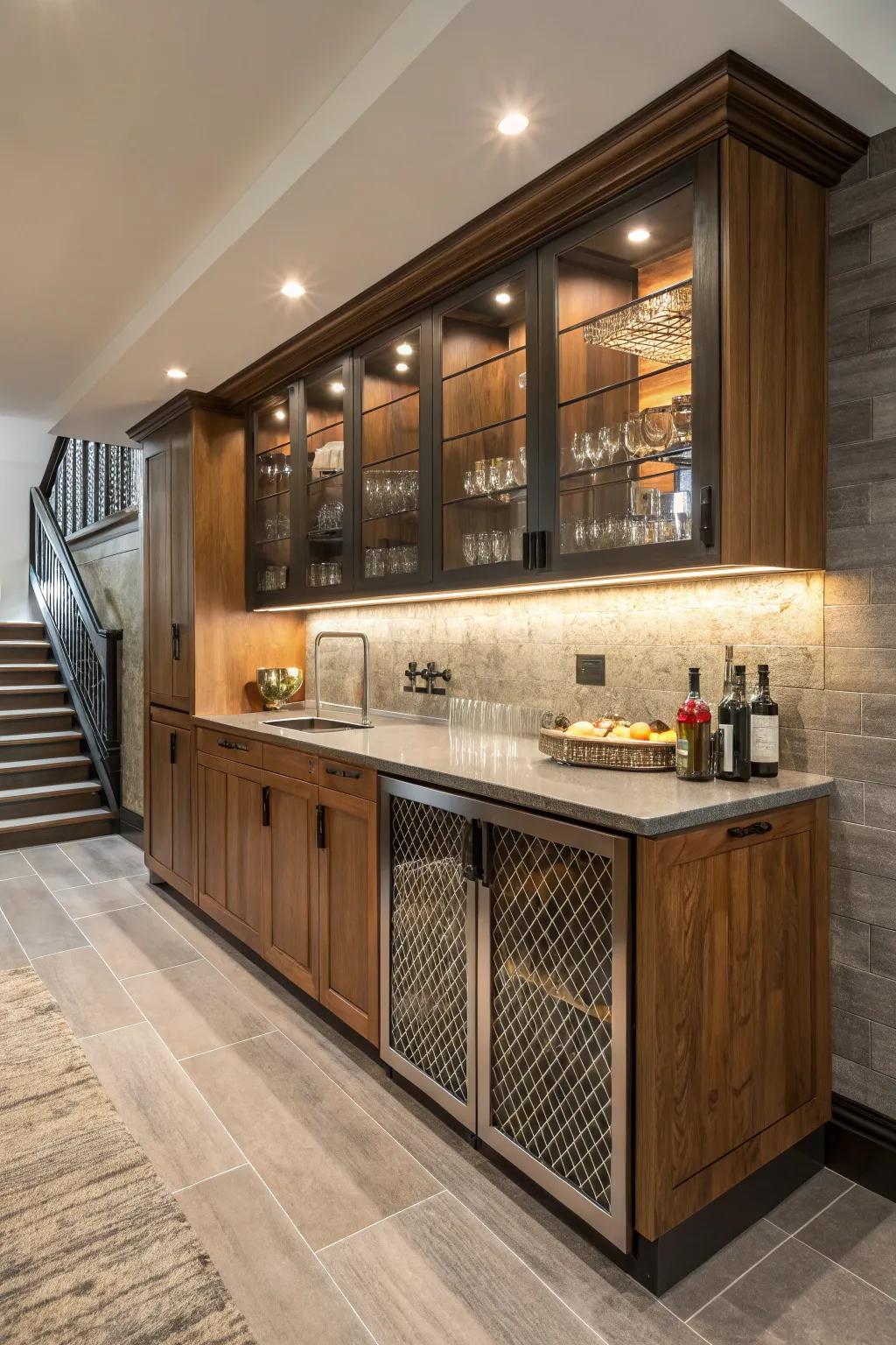 Assembling materials appends texture and intrigue to your wet bar.