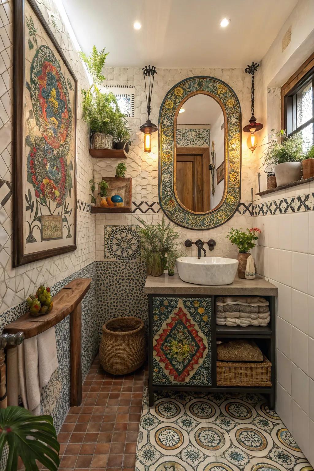 A bathroom exhibiting an individual tailored mosaic design.