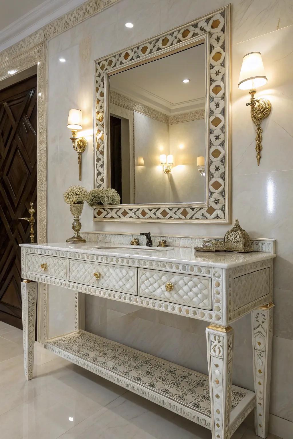 A mother of pearl dressing console introduces an element of charm and refinement.