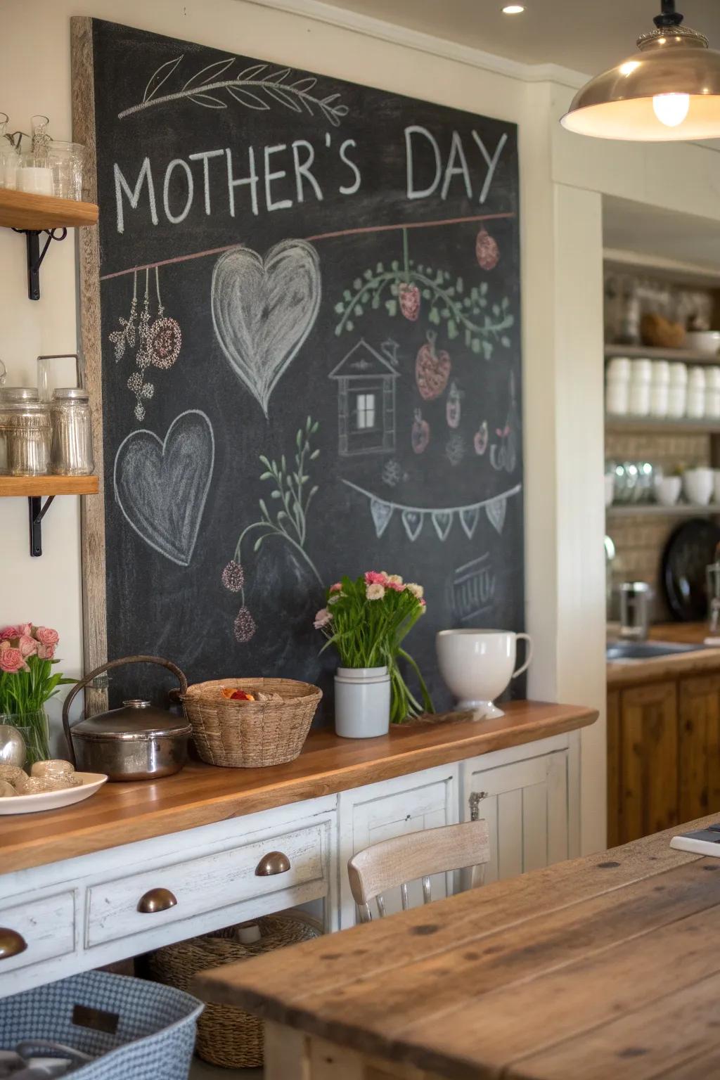A chalkboard imbued with affectionate messages introduces a deeply personal element.
