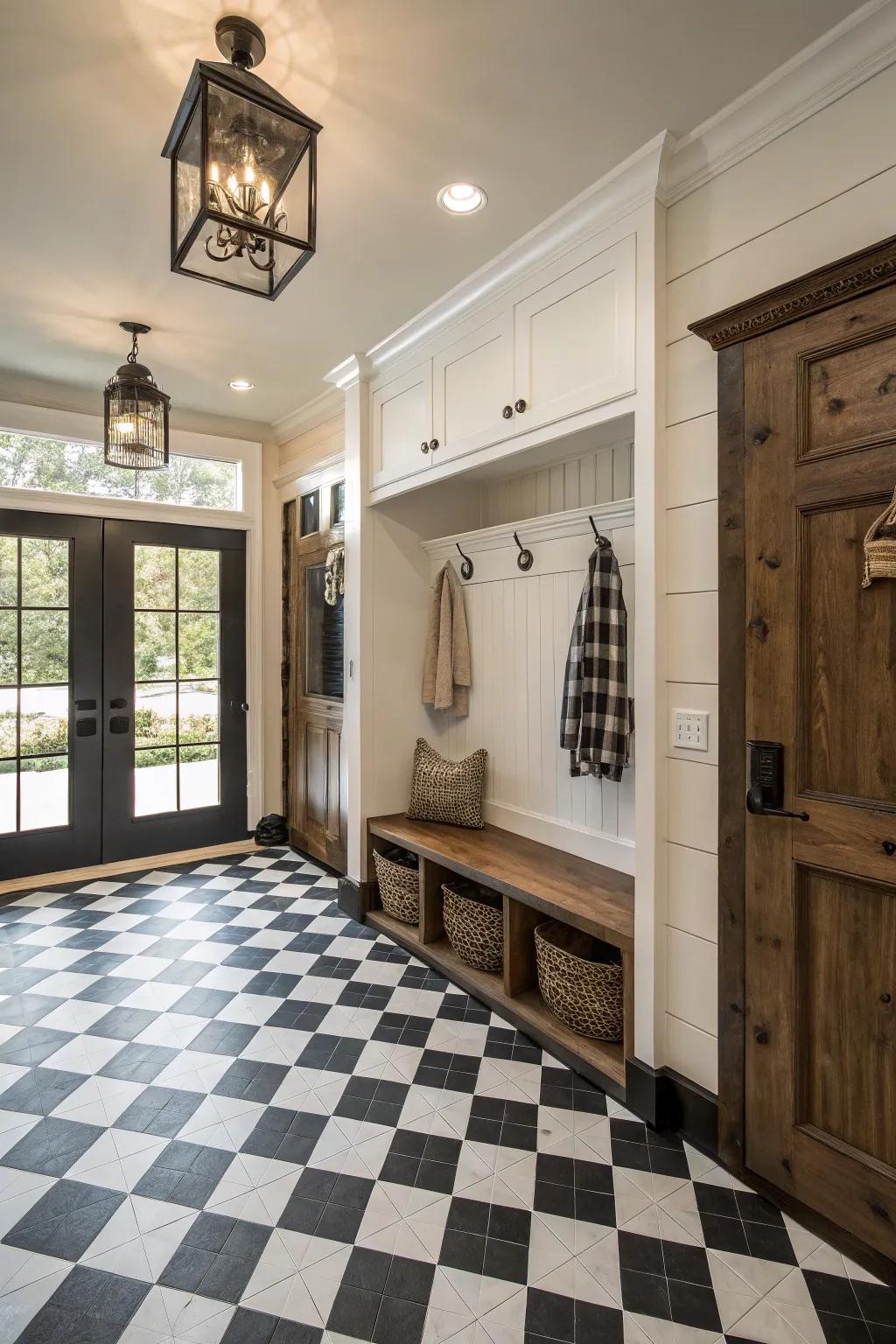 Alternating patterns inject a timeless, vibrant elegance into mudrooms.