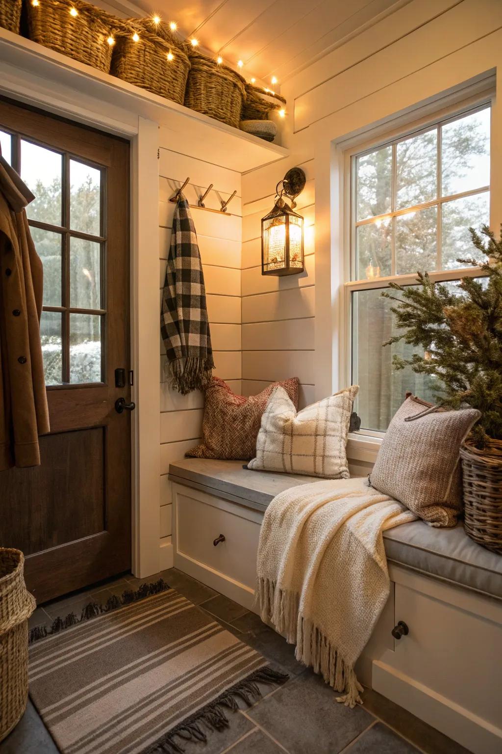 A comfortable area adds warmth and comfort to the mudroom.