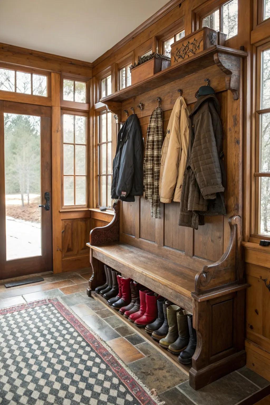 Mudroom with a vintage seat serving as a focal point.