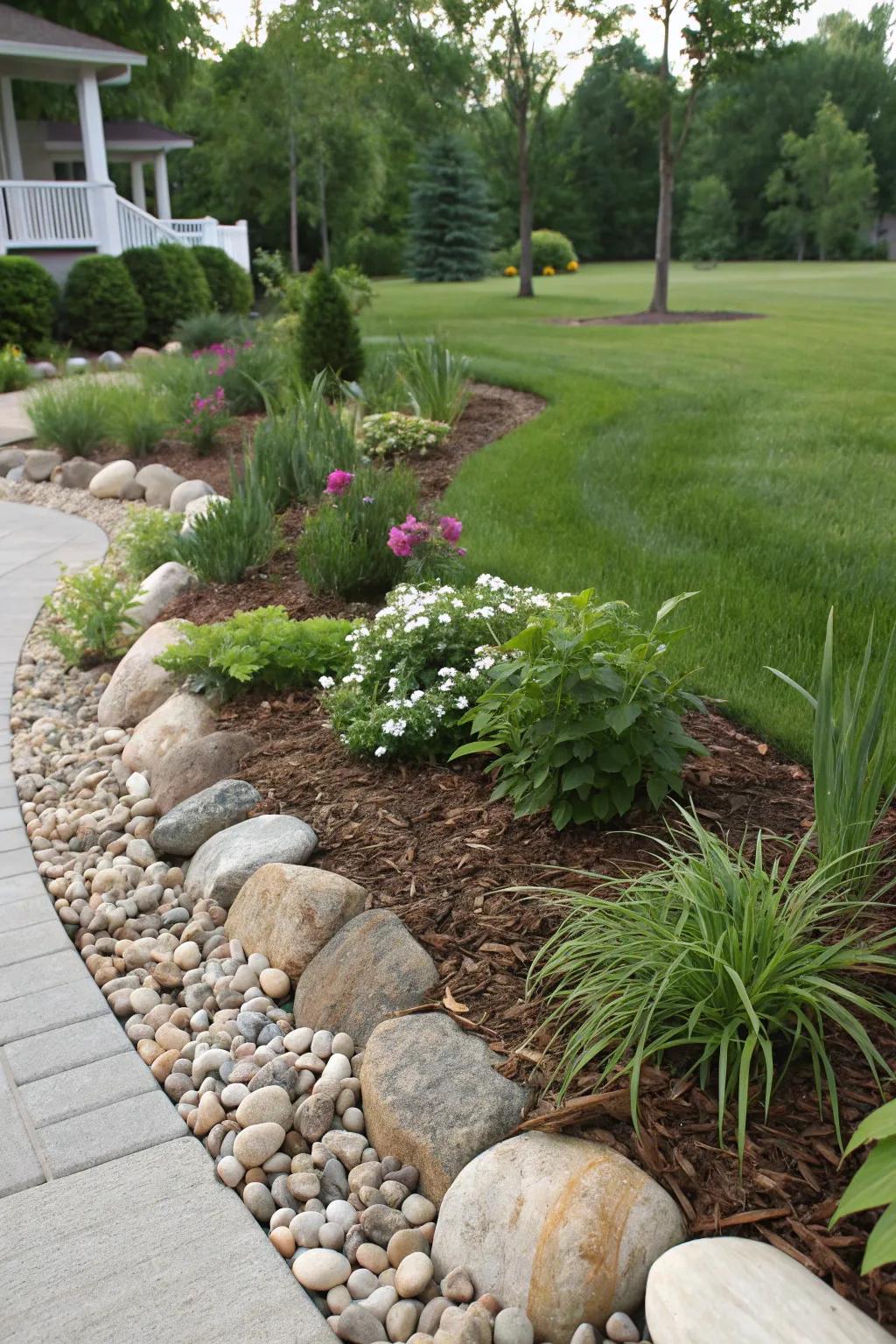 Stones and mulch orchestrate a balanced garden border.