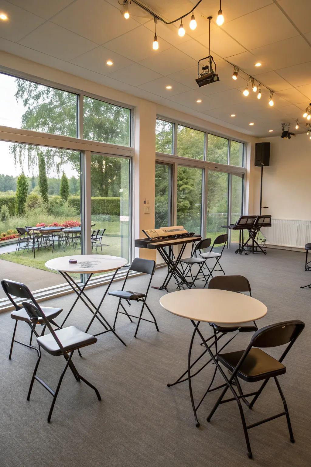 Foldable furniture provides flexibility.