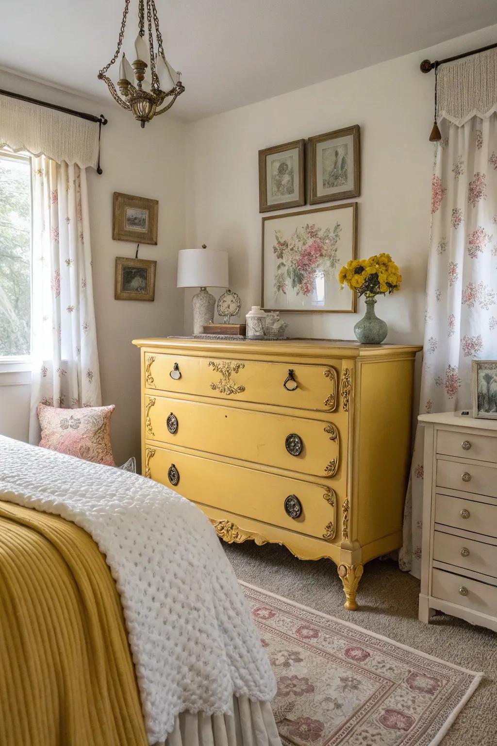 A sleeping chamber showcasing an antique amber chest of drawers and ornamentation.