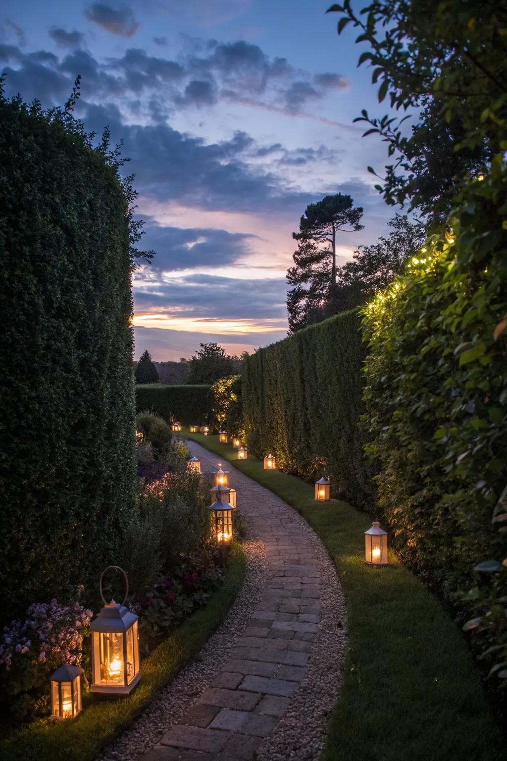 Outdoor illumination incorporates warmth and enchantment to a narrow garden at twilight.