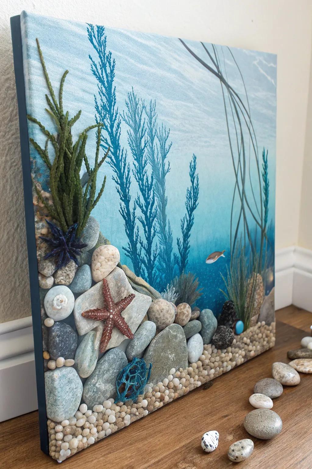 An oceanic-inspired composition with pebbles and kelp.
