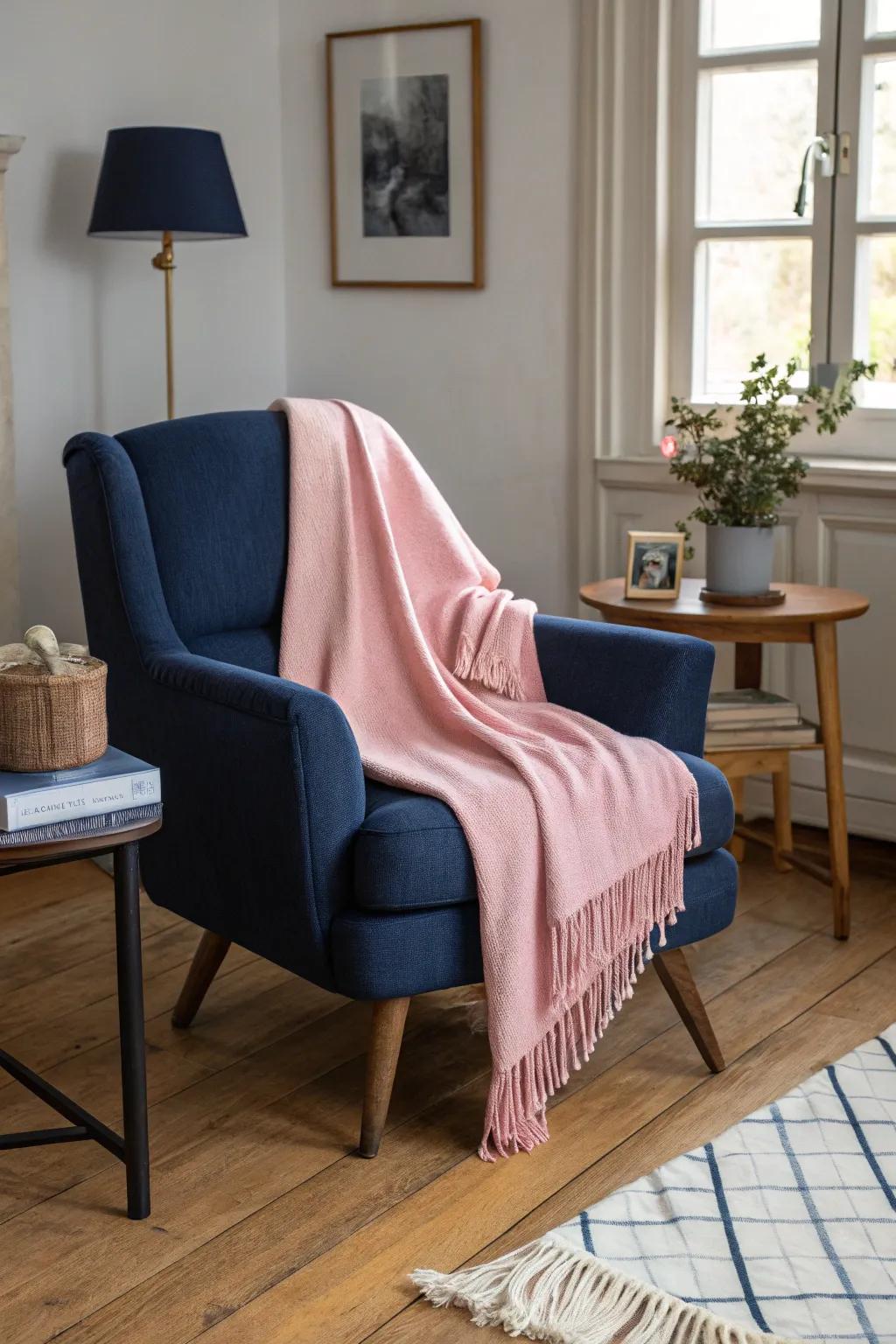 A rose throw contributes warmth and color to a marine easy chair.