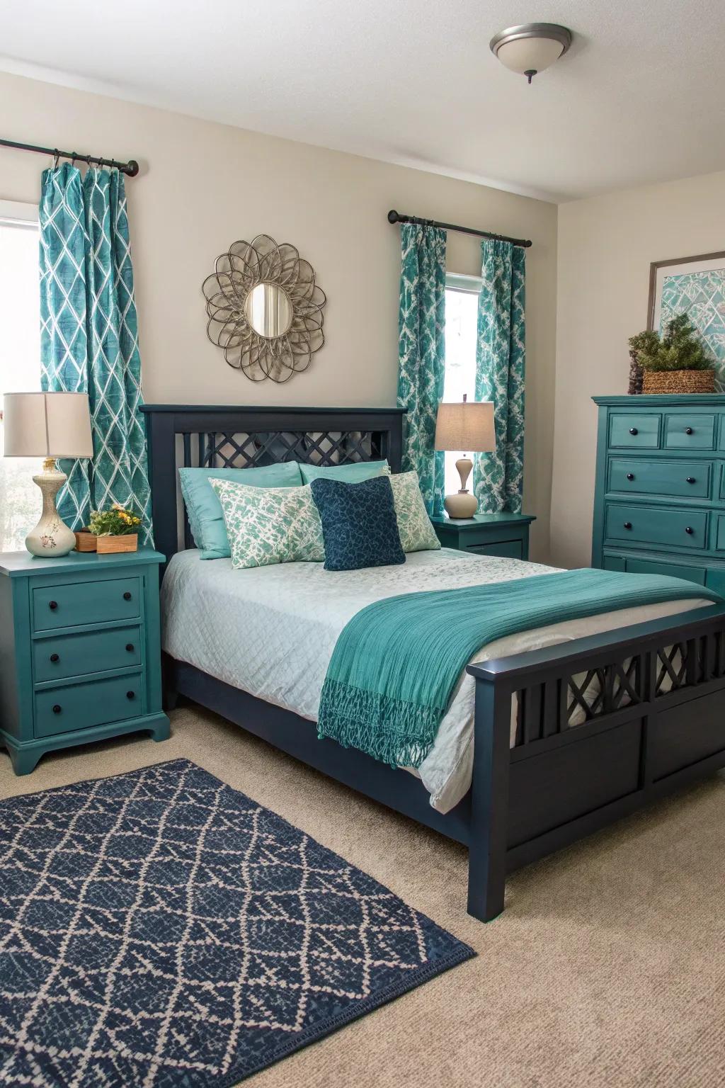 Indigo furniture matches and boosts the room's color palette.