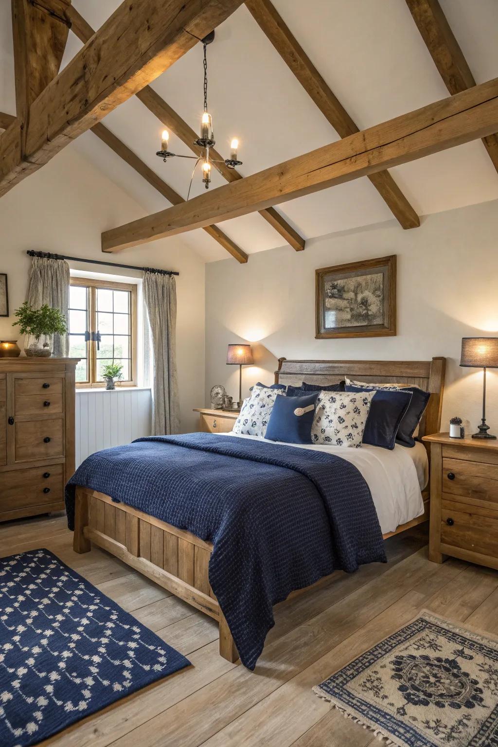 For a comfortable farmhouse feel, blend dark blue with rustic appeal.