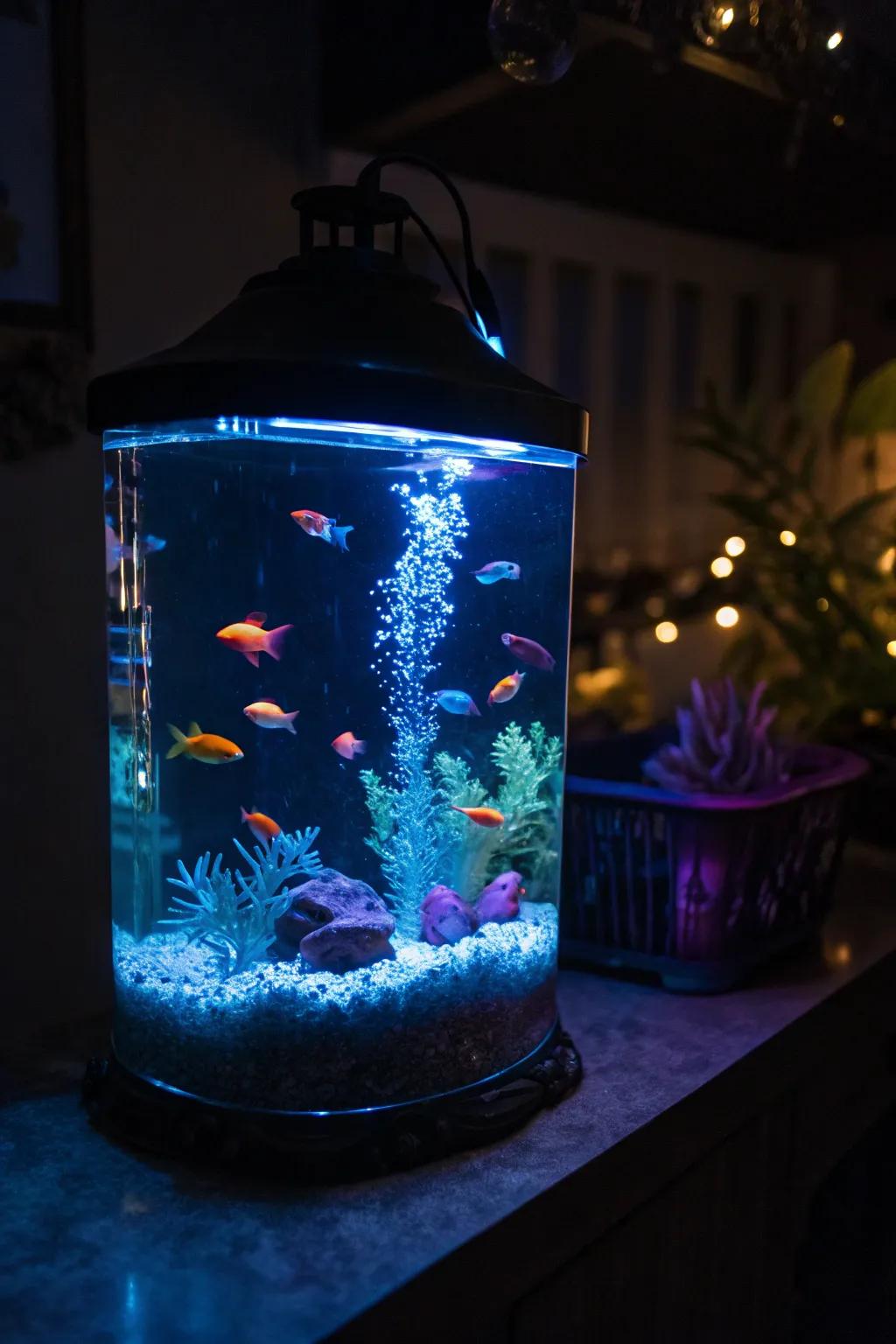Luminescent elements sustain this aquarium lively even during nocturnal hours.