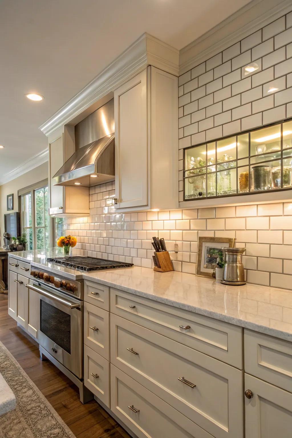 Glossy mosaic pieces contribute a hint of glamour to the cooking area.