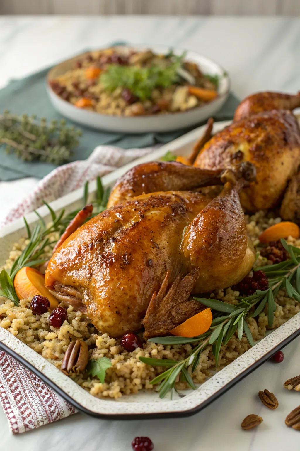 Shining small chickens with pecan-rice stuffing, adding an elegant touch to the New Year's table.