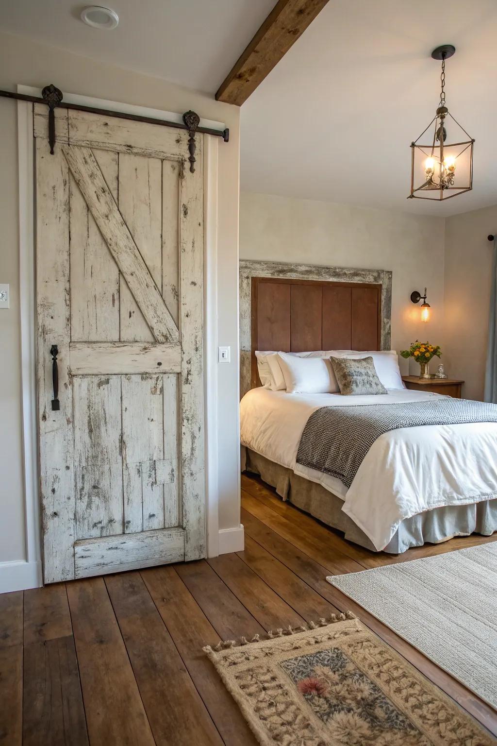 A vintage door infuses the bedroom with rustic charm and character.