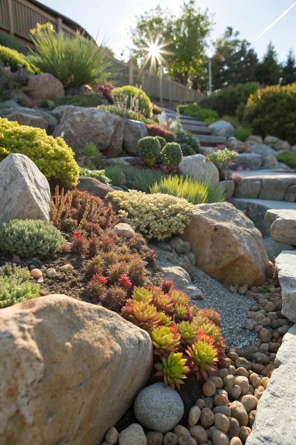 A stunning stone enclave with diverse stones and hardy plants.