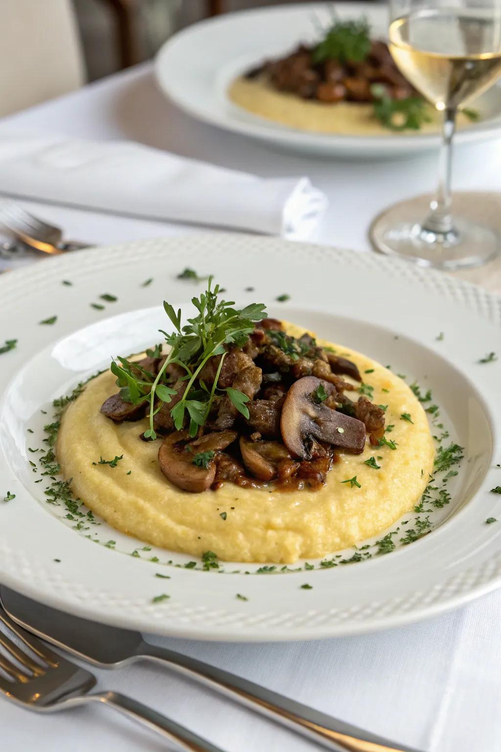 Polenta accompanied by mushroom ragu: A sophisticated and comforting meal.
