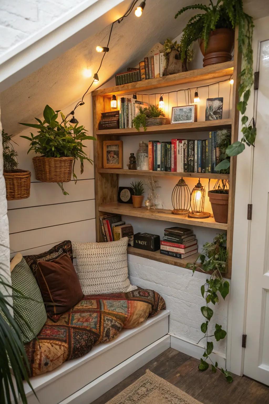 An unconventional nook transformed with bespoke shelving.