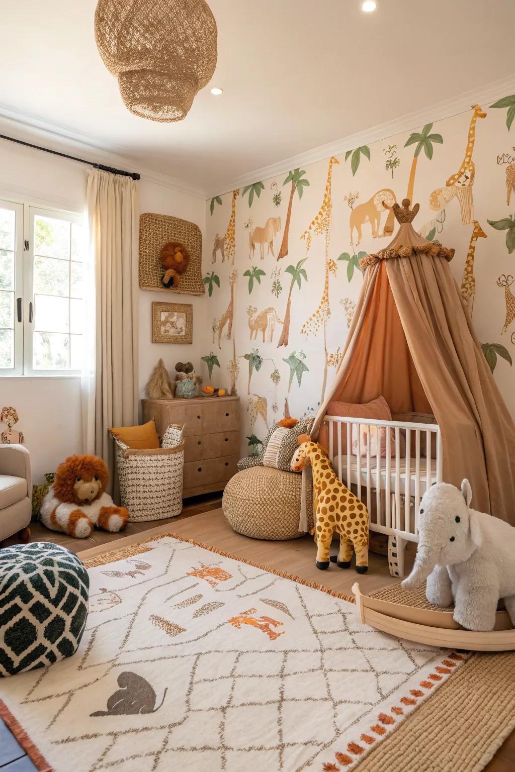 A chic wilderness-themed nursery with playful animal elements.
