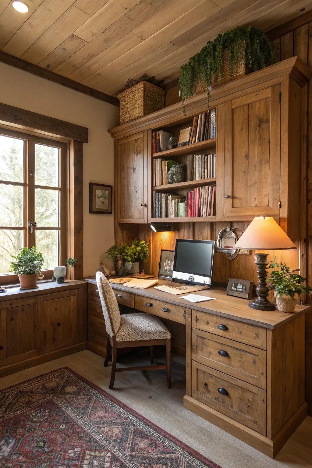 Infuse warmth by using natural wooden cabinets.