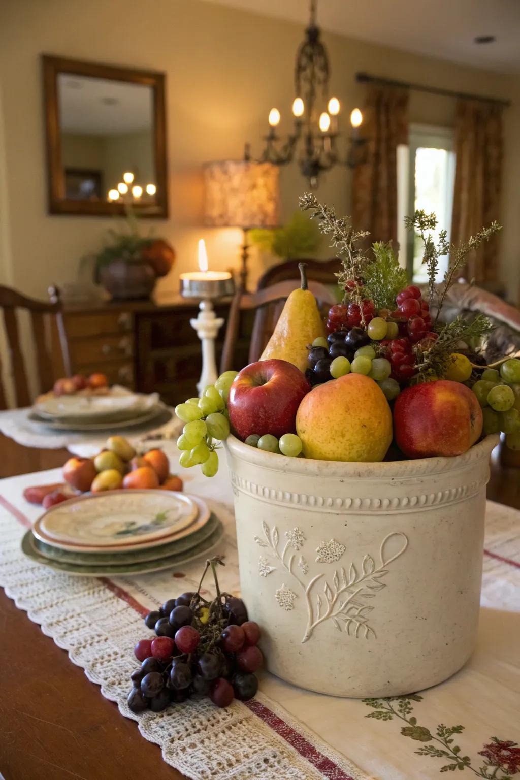 Create a focal point with an earthenware centerpiece.