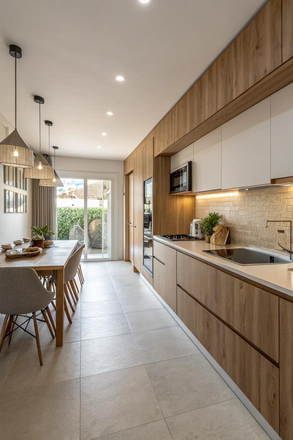 Visual coherence in a kitchen with coordinating materials.