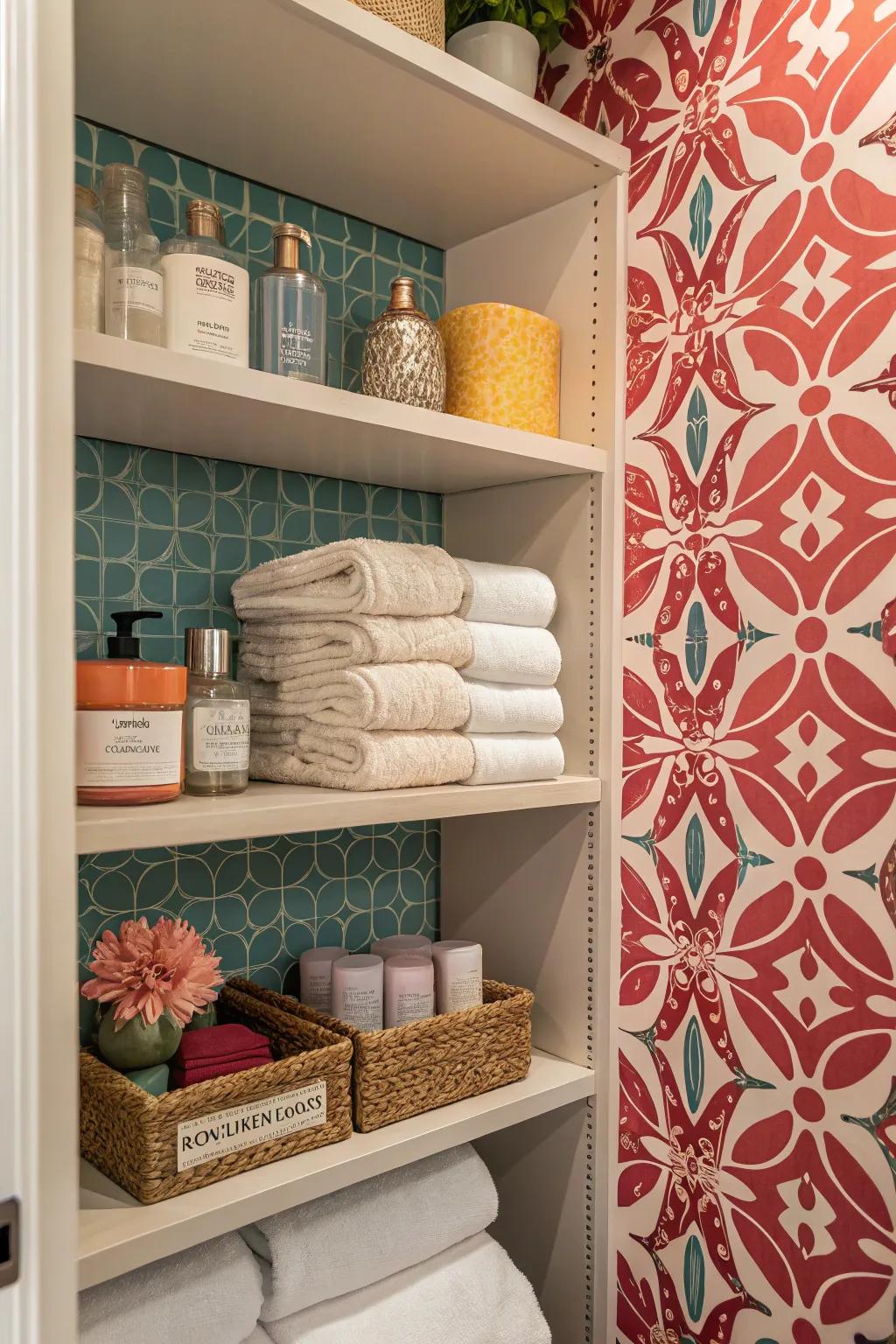 A standout wall adds a dramatic touch to open bathroom shelving.