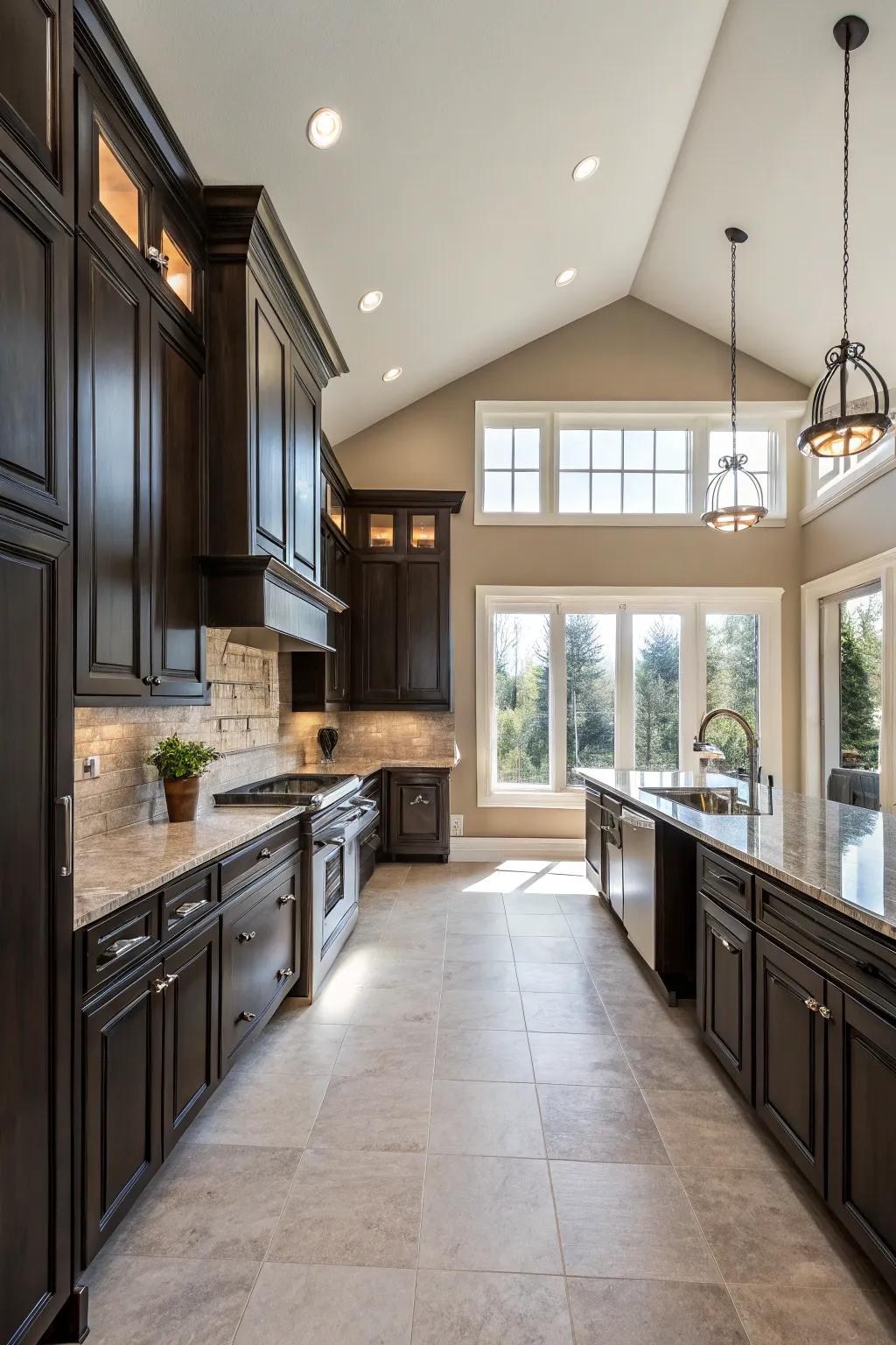 Dark elements deliver a striking contrast, enhancing the kitchen's dimension.