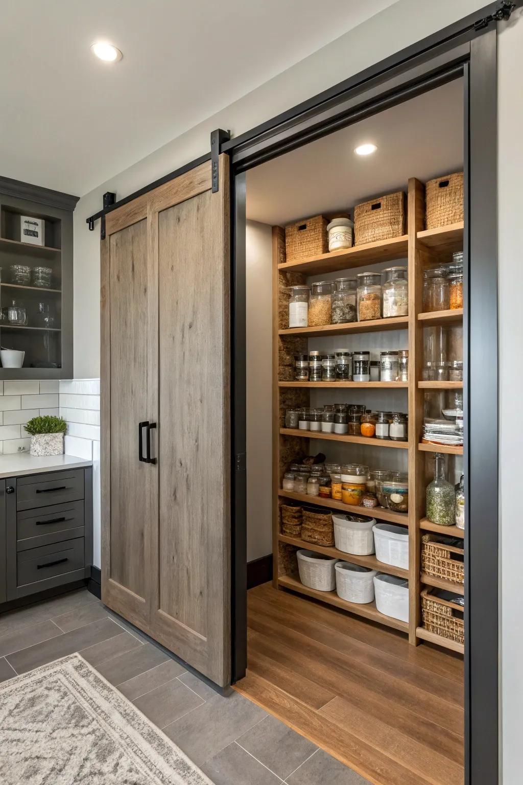 A sliding door is a sleek and clean way to hide the pantry.