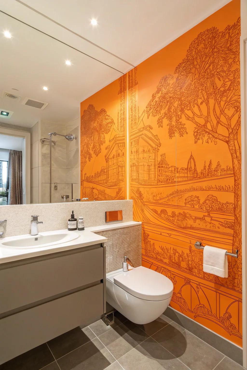 A bathroom showcasing a vibrant orange mural wall for added artistry.