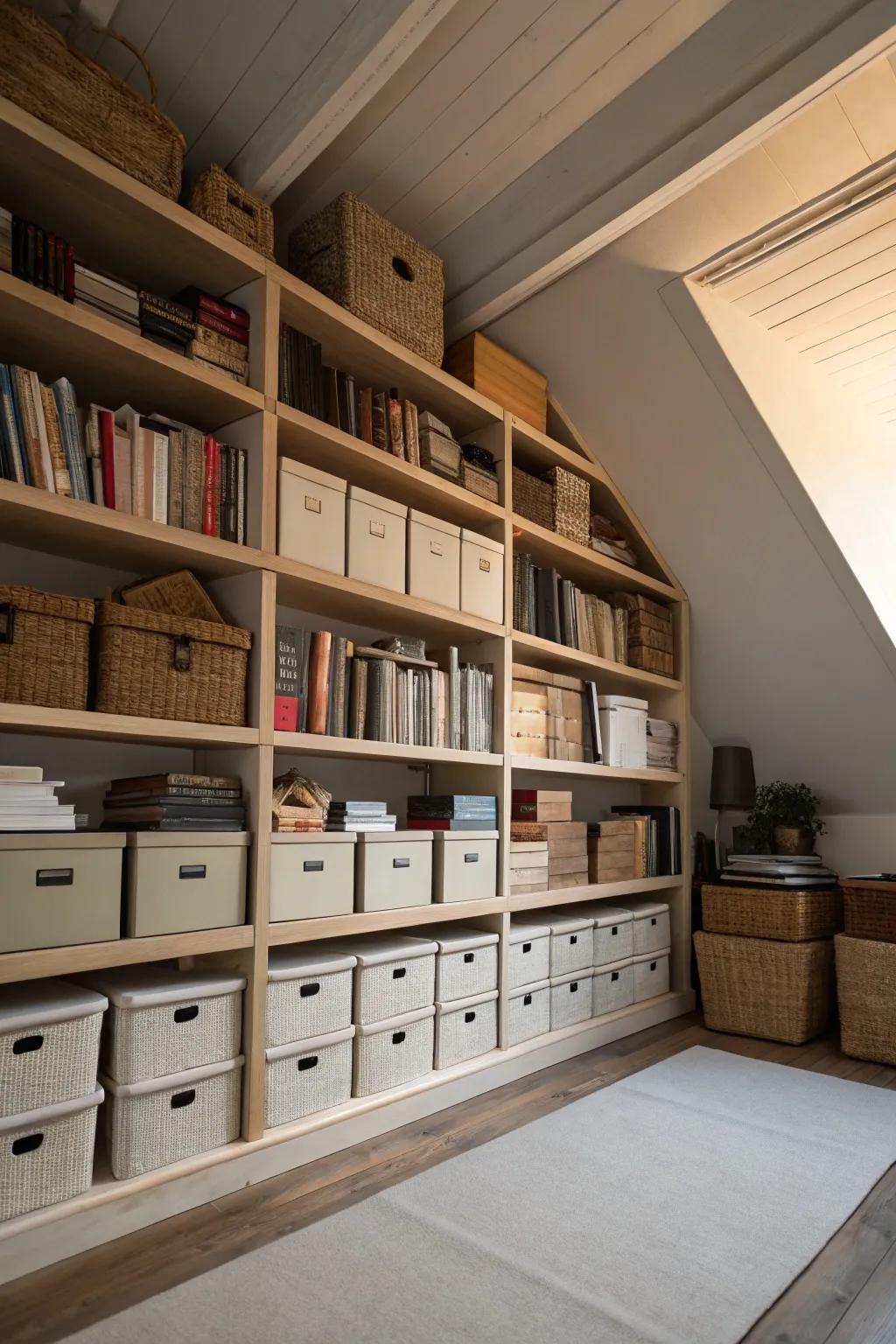 Elevated shelves keep less-used items neatly stored away.
