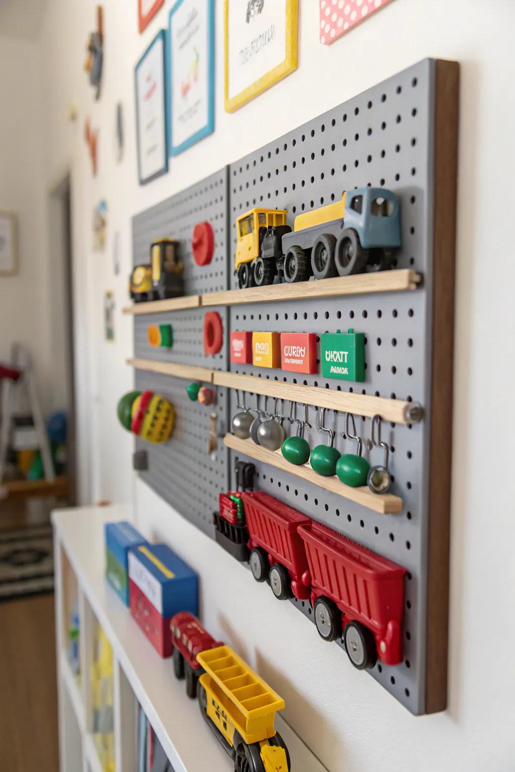 Toys become part of the decor using magnetic strips.