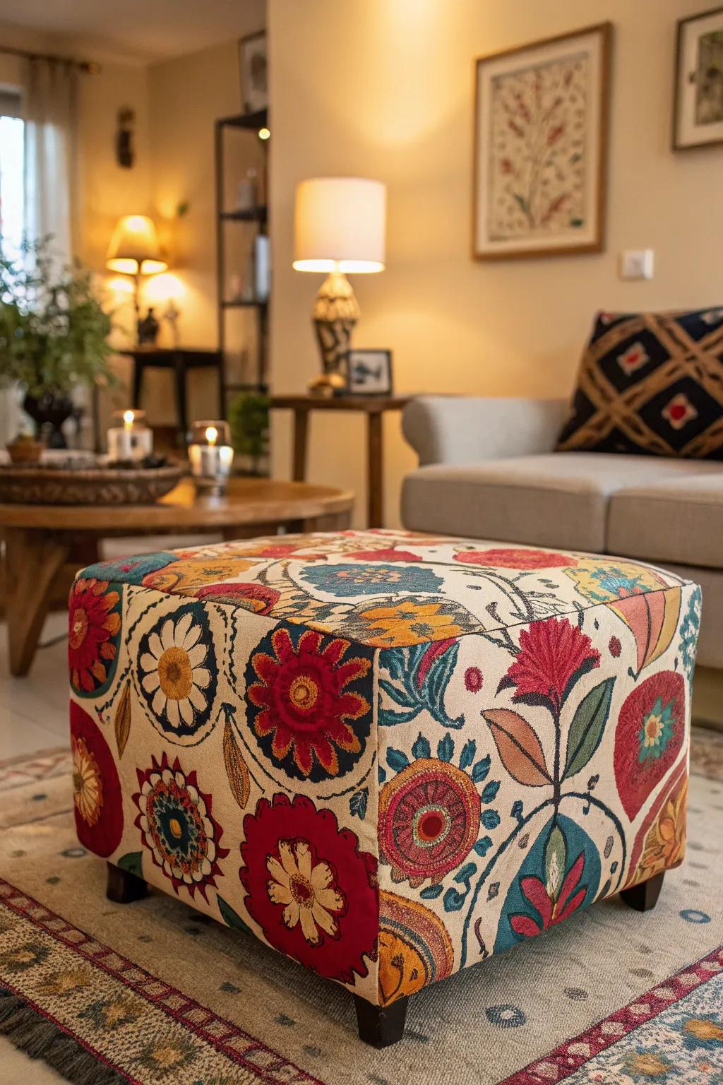 A colorful ottoman with mixed patterns adds vibrancy.