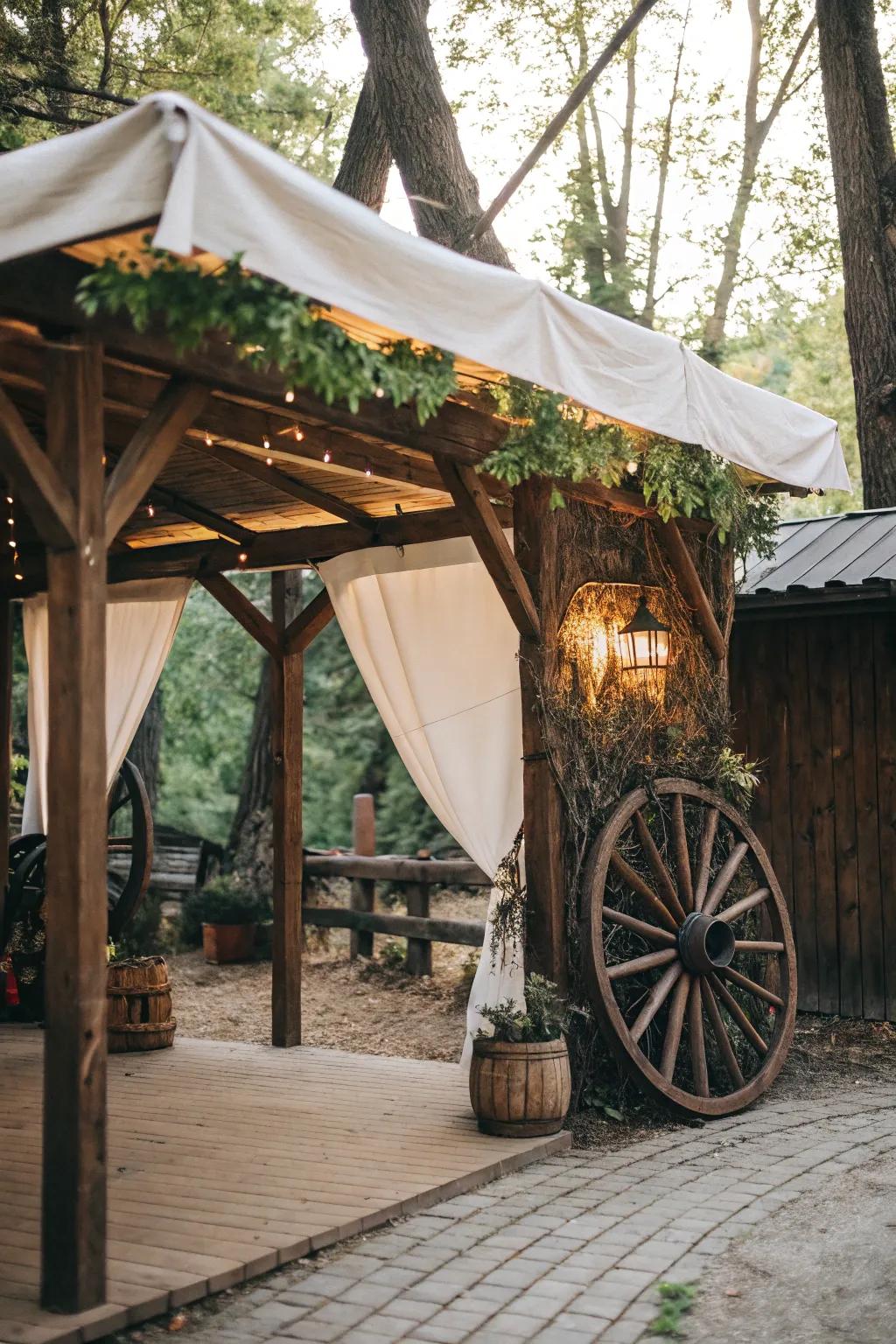 A wagon wheel canopy imparts nostalgic charm and ample shade.