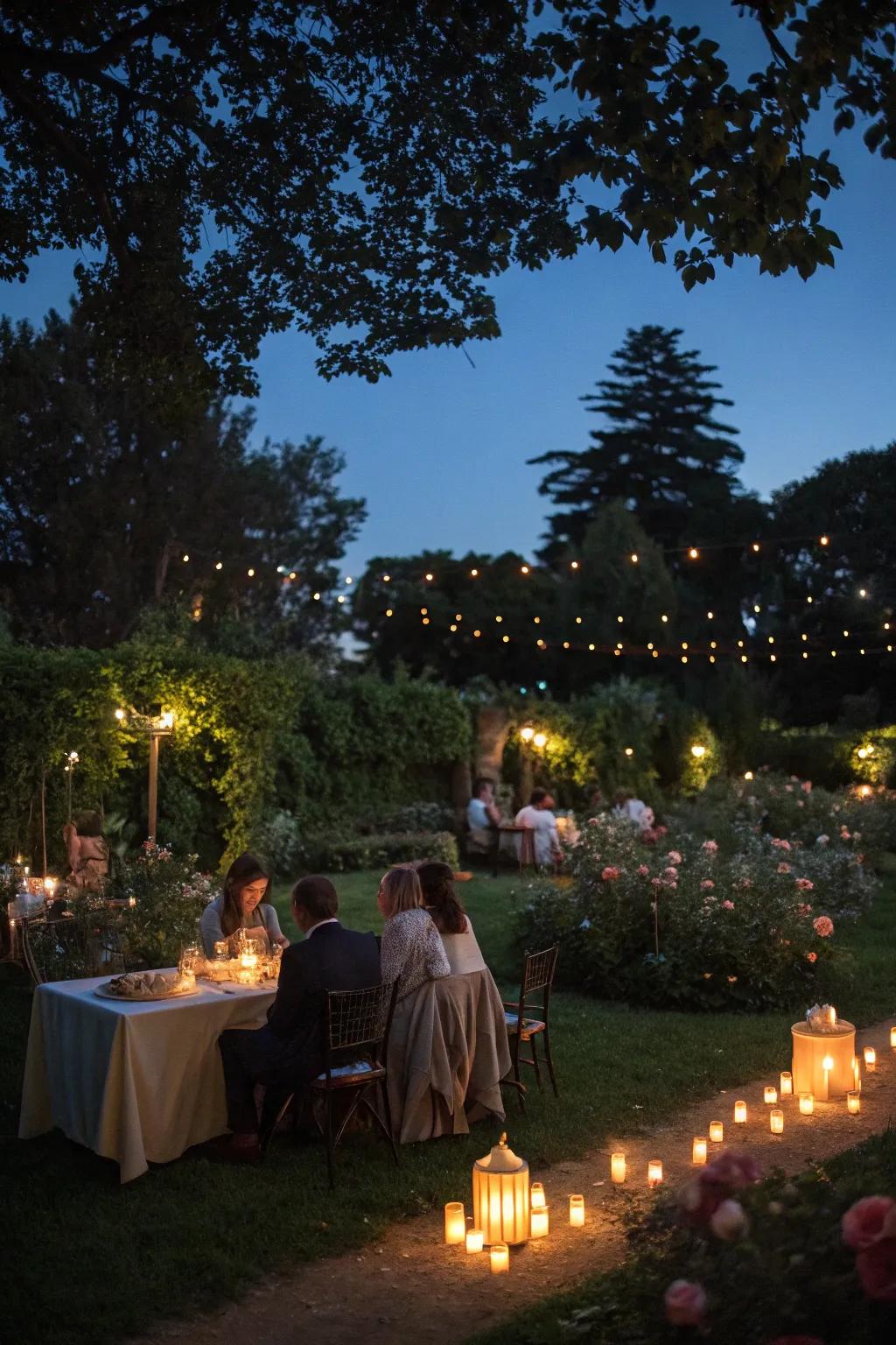 Tables adorned with tapers conjure a sophisticated nocturnal ambiance.