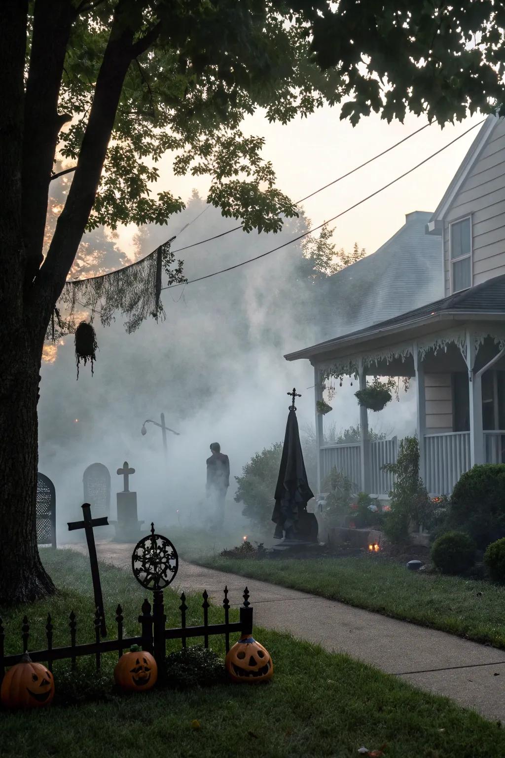 A mystical mist encircles the yard, augmenting the Halloween fascination.