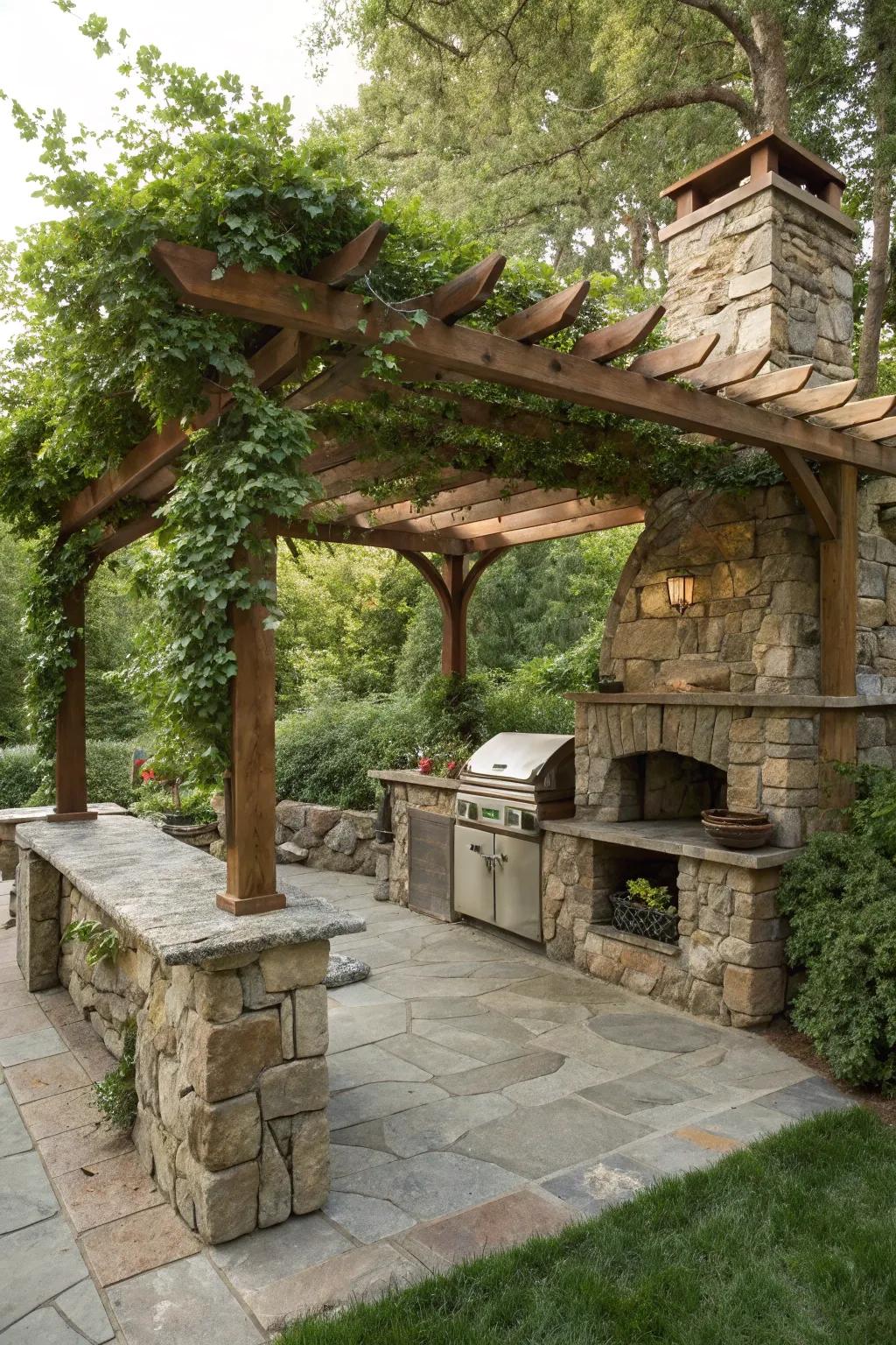 A pergola introduces panache and shade to your stone BBQ setup.