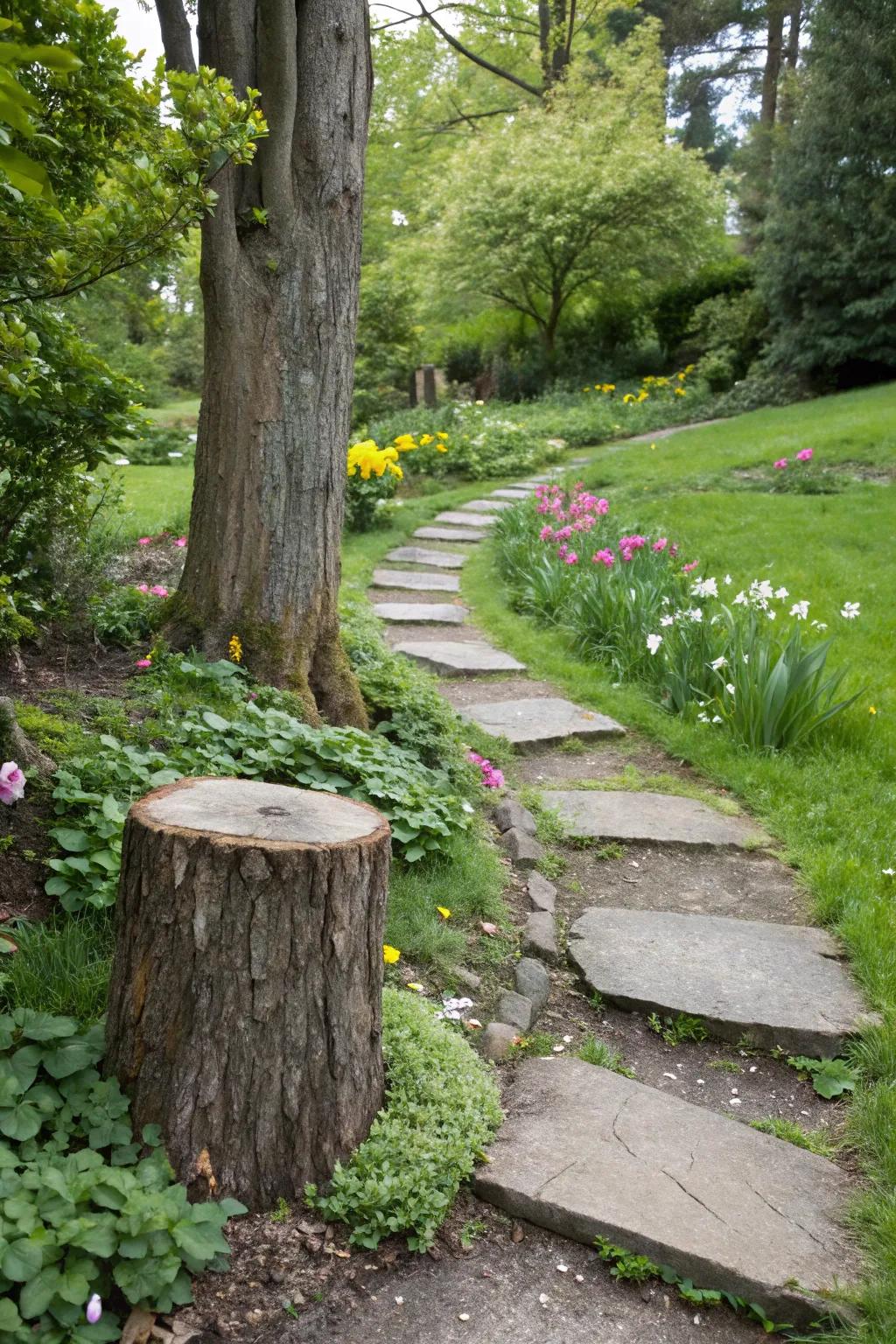 A path fashioned from individual slabs, incorporating a stump segment, introduces whimsy and utility.